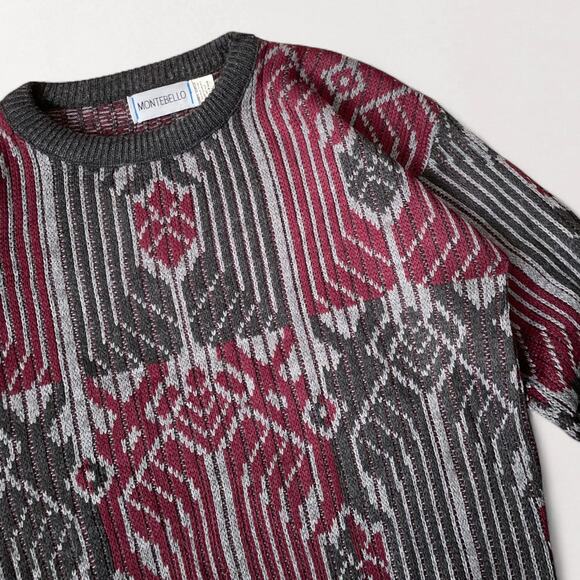 Vintage 80s Grandpacore Sweater Dark Academia Jacquard Art Deco Geometric Knit L - Picture 6 of 8